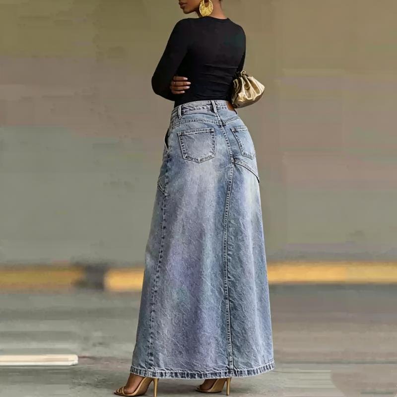 Irregular Wrap Slit Denim Maxi Skirt - 图片 2