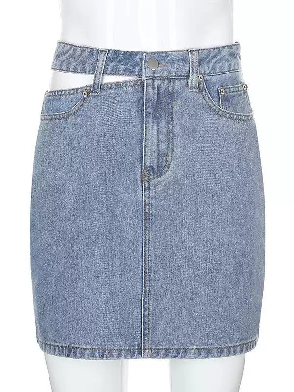 Cutout Button Denim Pocket Skirt