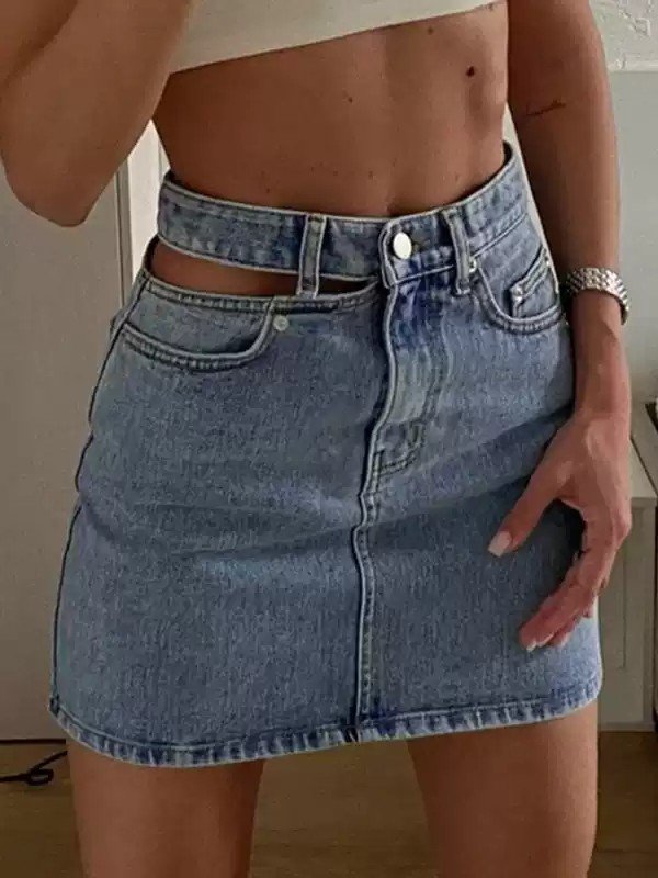 Cutout Button Denim Pocket Skirt - 图片 3