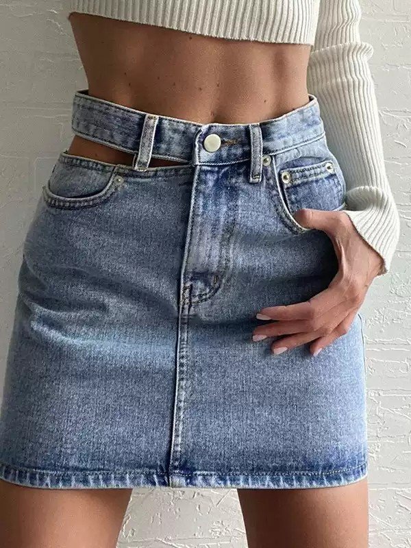 Cutout Button Denim Pocket Skirt - 图片 2