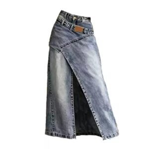 Irregular Wrap Slit Denim Maxi Skirt