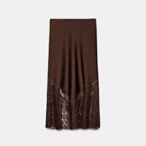 Brown Skirt with Sheer Lace Hem