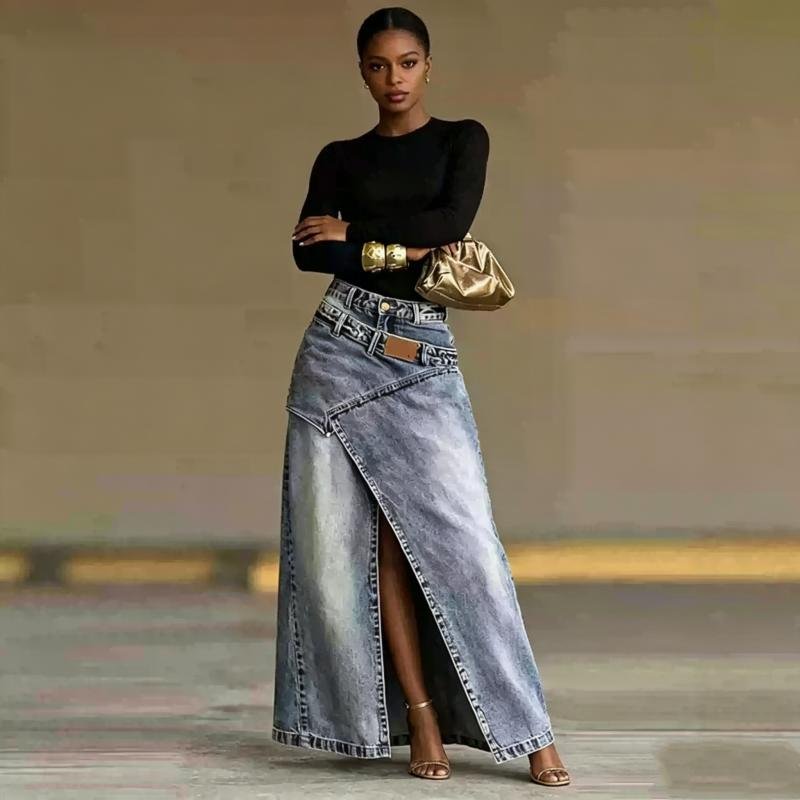 Irregular Wrap Slit Denim Maxi Skirt - 图片 3